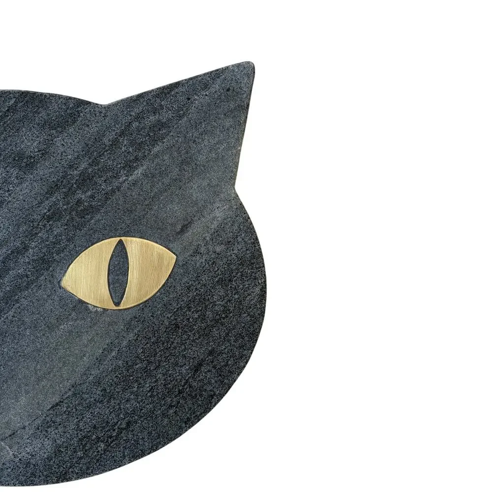 Godinger Black Cat Shaped Marble Serving Board With Brass Inlay 12x10.5 NEW